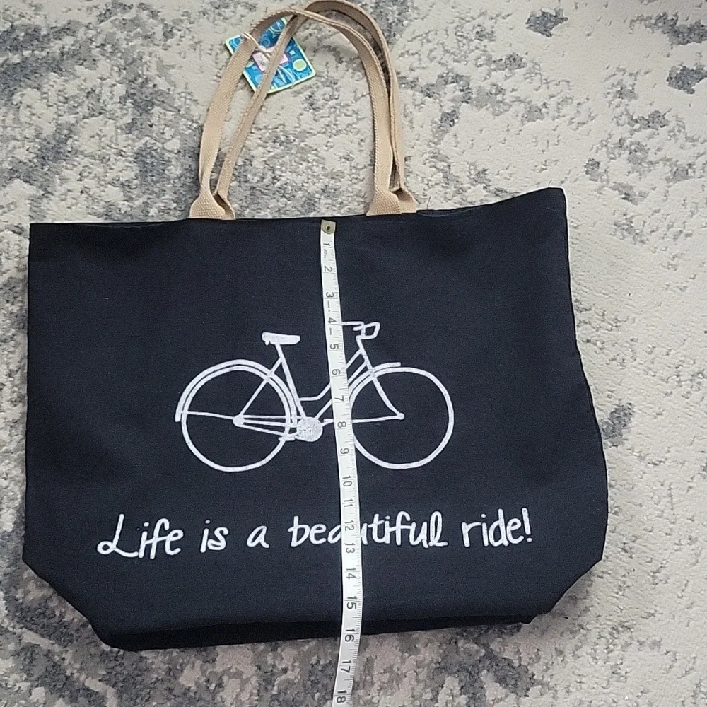 Black Canvas Tote Bag with Bicycle Print